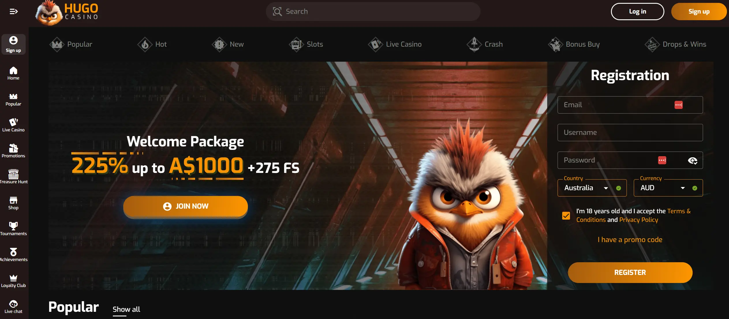 Hugo casino home page screenshot