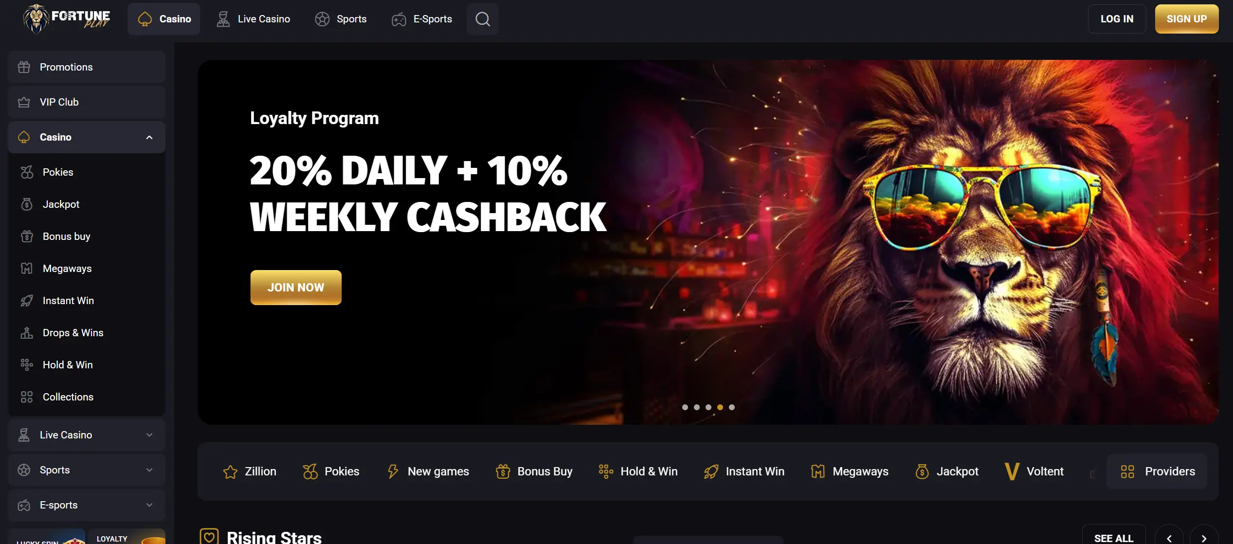 Fortuneplay casino home page screenshot