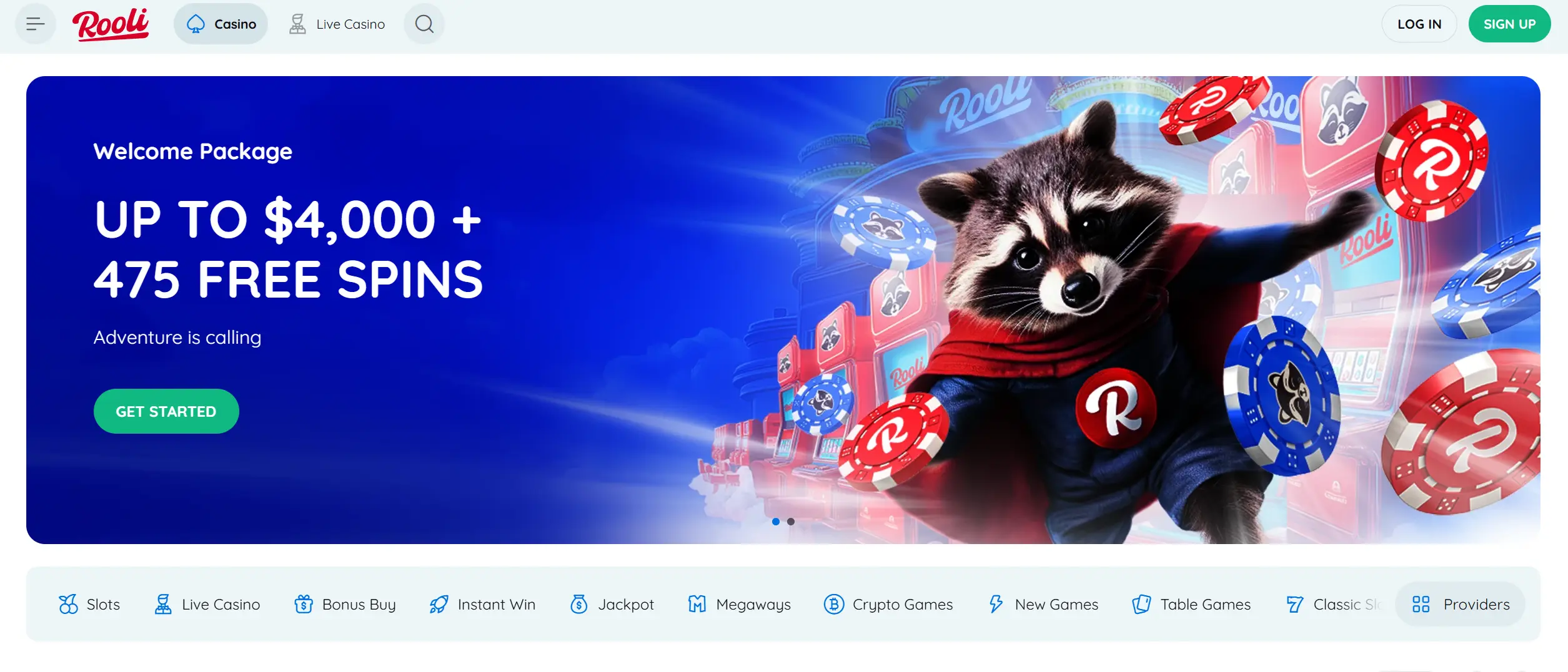 Rooli casino home page screenshot