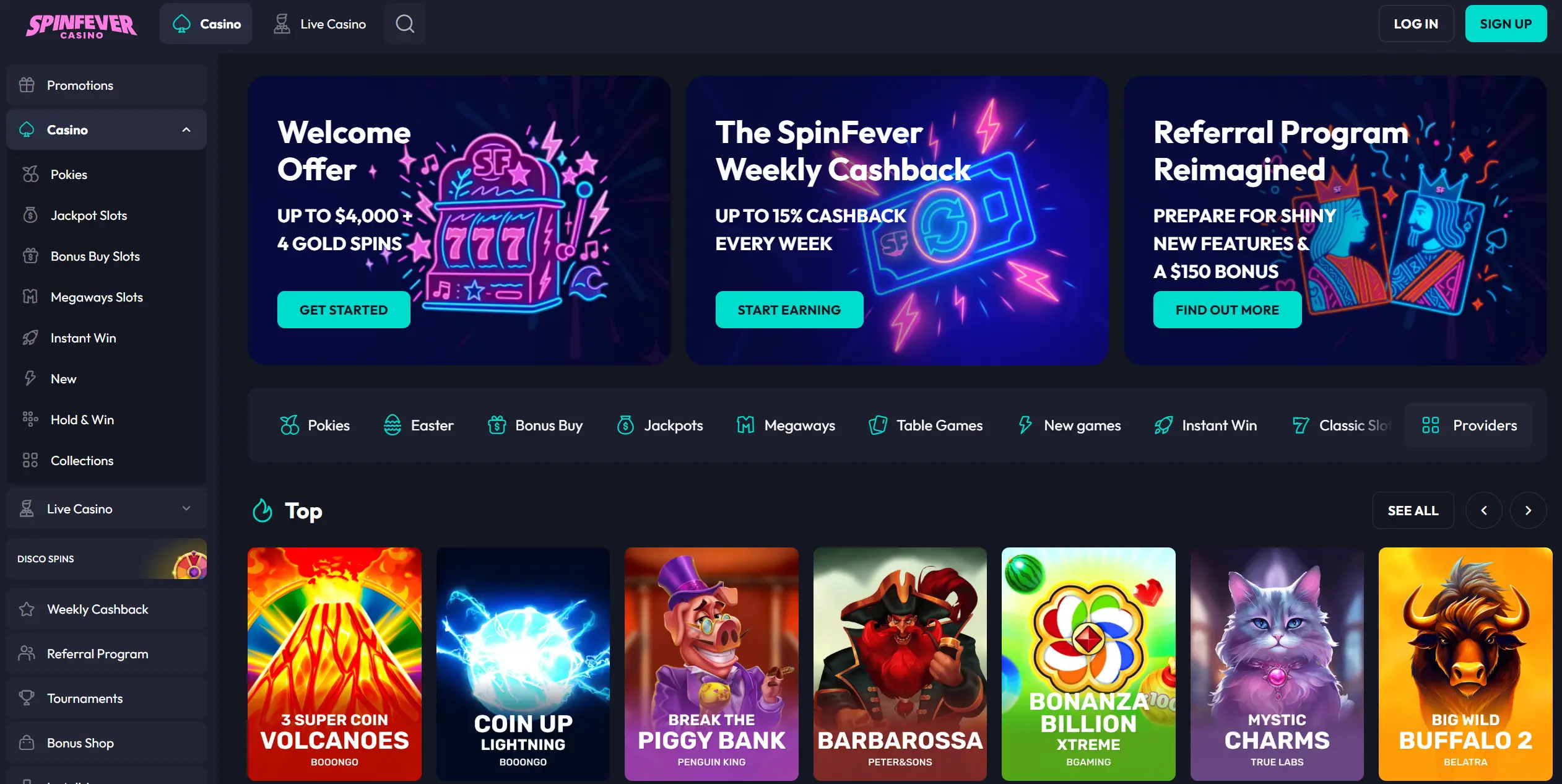 SpinFever casino home page screenshot