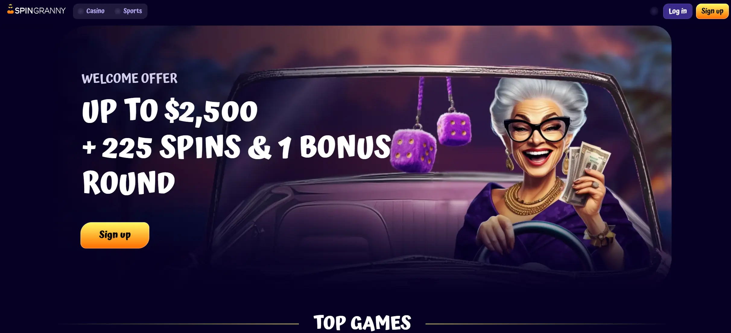 Spingranny casino home page screenshot