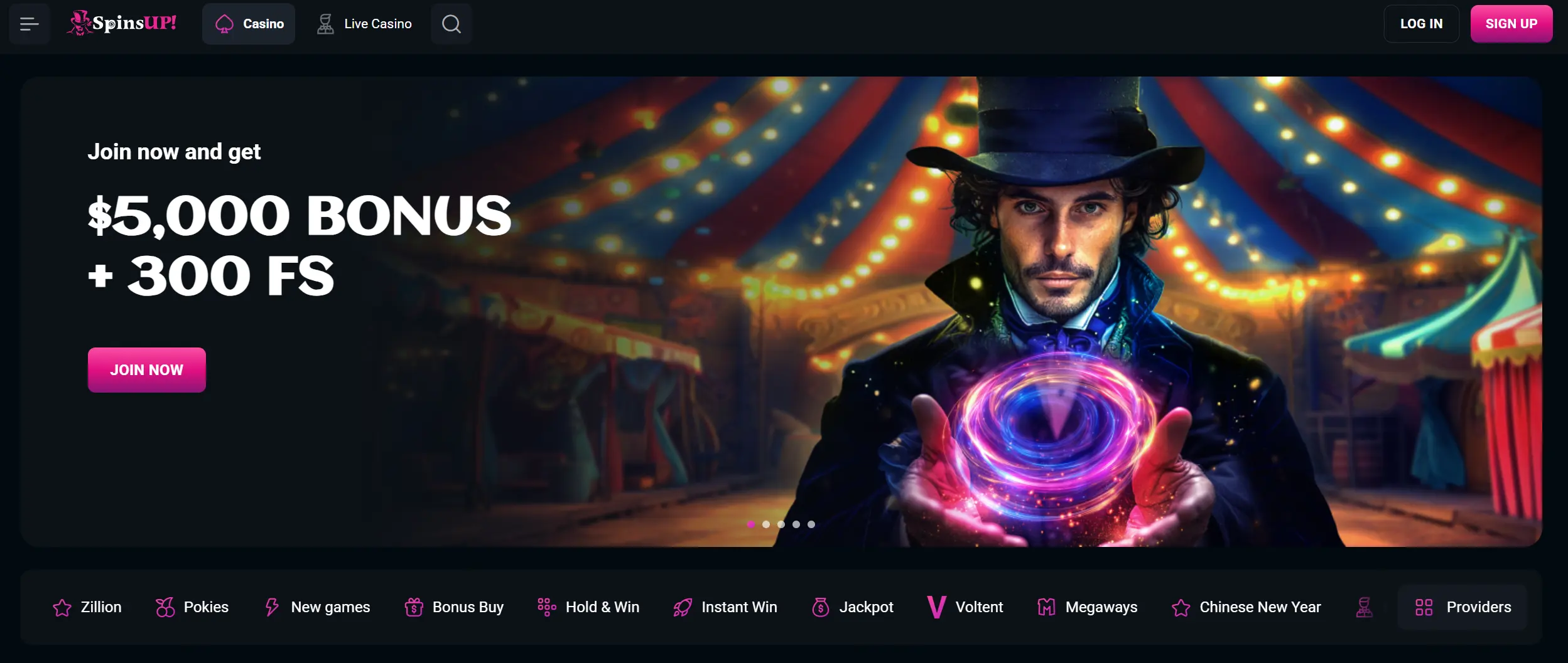 Spinsup casino home page screenshot