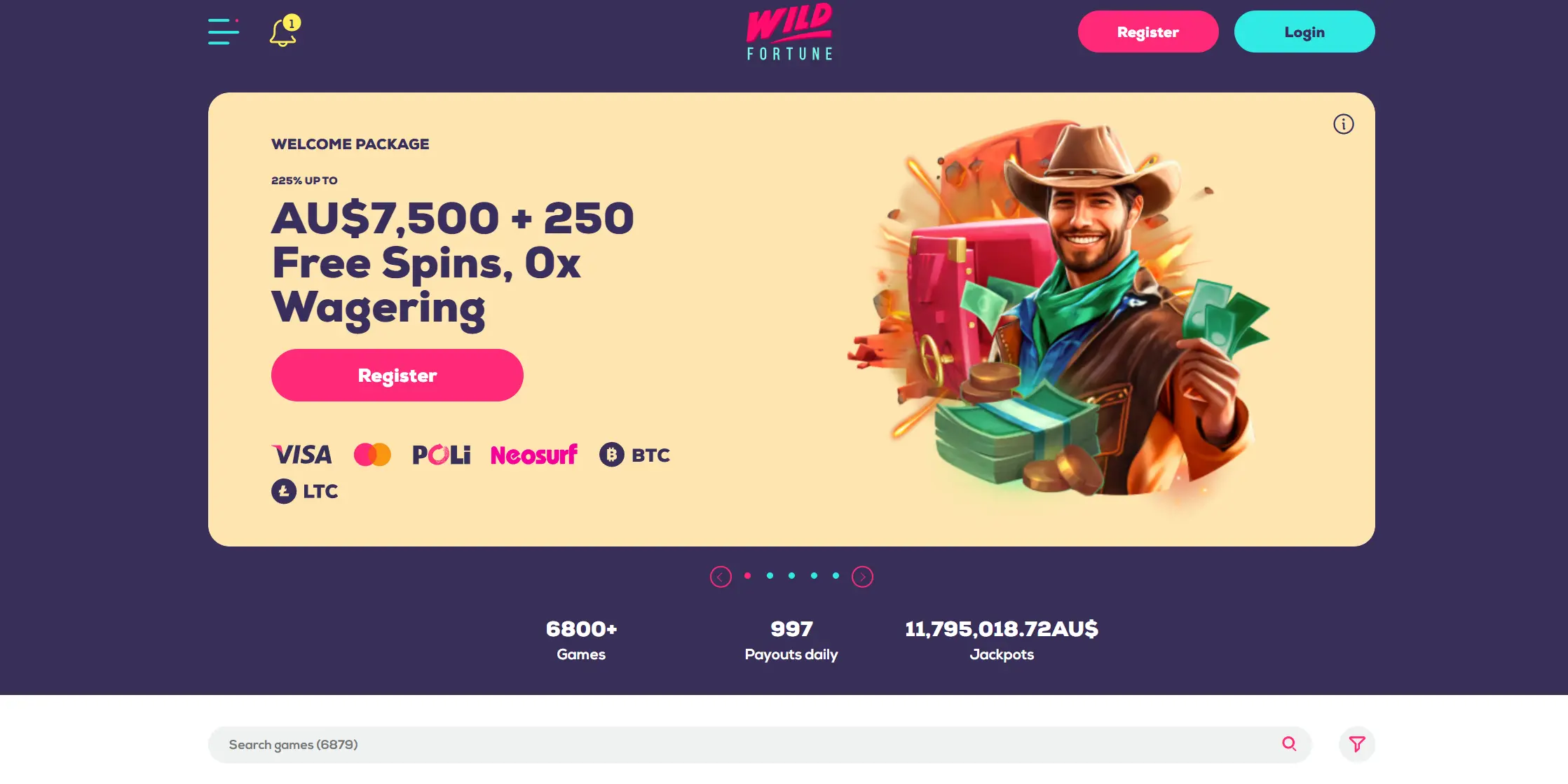 Wild Fortune casino home page screenshot